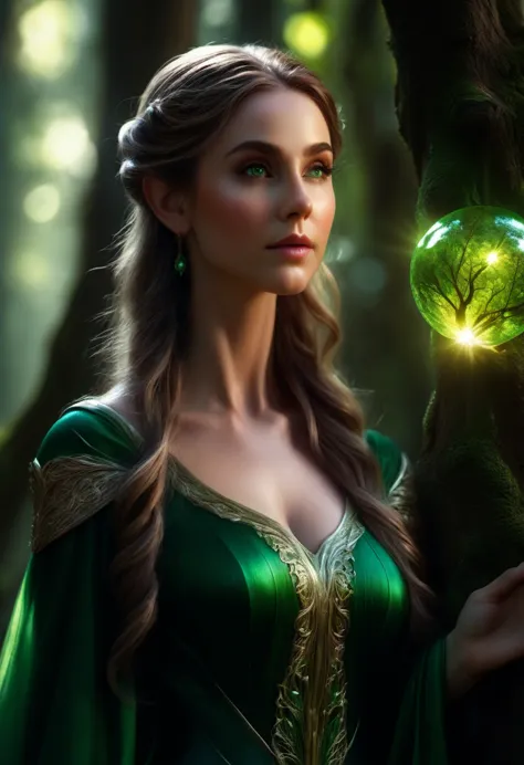 Elf, a beautiful female elf with long flowing hair, detailed facial features, (long pointed ears:1.5), emerald green eyes, weari...