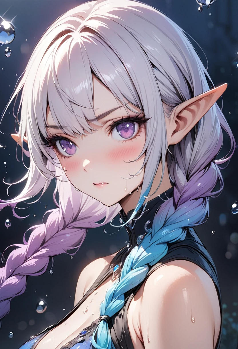 (masterpiece, illustration, best quality:1.5), 1 Elf girl, yinji, purple hair, purple eyes, long hair, white hair, double braids, gradient hair, water blue body painting, global illumination, finely detailed, beautiful face, beautiful detailed shading, (3_water_droplets), tilted halos, body lightly covered with frost, water elements, water drops, water, jowelery and wet atmosphere,beautifully detailed background, cinematic, black ice, pink and blue gems , transparent sky blue scarf , royal blue dress