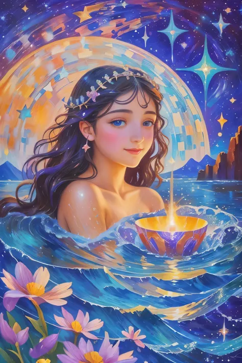 a young goddess swimming in the universe, eyes full of joy and anticipation, eyes filled with happiness, impressionist painting ...