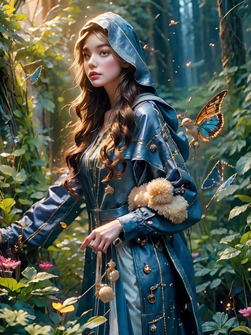 A girl, An experienced Elf Ranger embarks on a long journey of resistance, An elf wearing a leather tunic and a hooded cloak of gleaming platinum silk，Holding Elven Bow, Black Forest, A forest landscape in the background，Beautiful trees, Stream and Fireflies, panoramic, movie lighting, dramatic scene, High quality 3D rendering, fantasy, Pixar 3D character design style