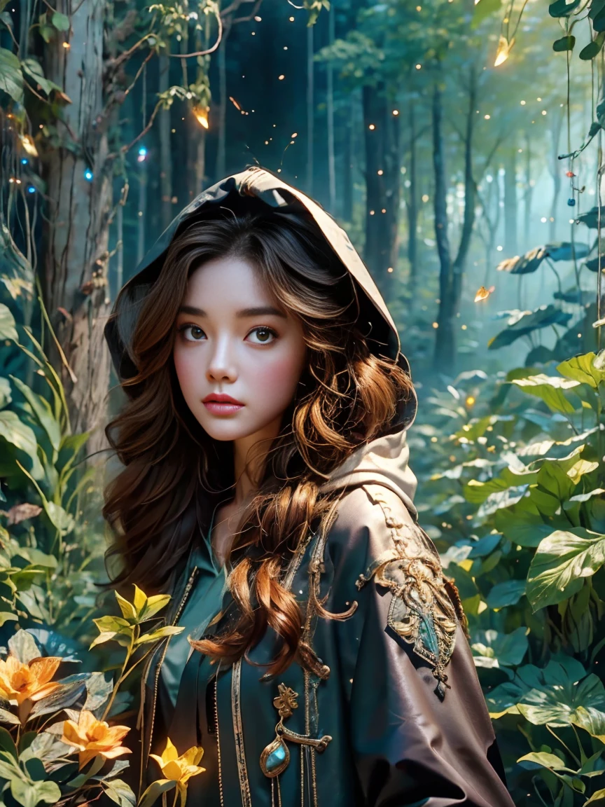 A girl, An experienced Elf Ranger embarks on a long journey of resistance, An elf wearing a leather tunic and a hooded cloak of gleaming platinum silk，Holding Elven Bow, Black Forest, A forest landscape in the background，Beautiful trees, Stream and Fireflies, panoramic, movie lighting, dramatic scene, High quality 3D rendering, fantasy, Pixar 3D character design style