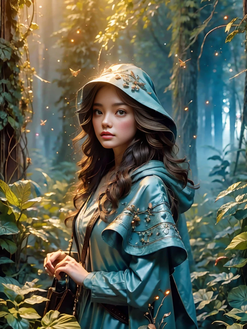 A girl, An experienced Elf Ranger embarks on a long journey of resistance, An elf wearing a leather tunic and a hooded cloak of gleaming platinum silk，Holding Elven Bow, Black Forest, A forest landscape in the background，Beautiful trees, Stream and Fireflies, panoramic, movie lighting, dramatic scene, High quality 3D rendering, fantasy, Pixar 3D character design style