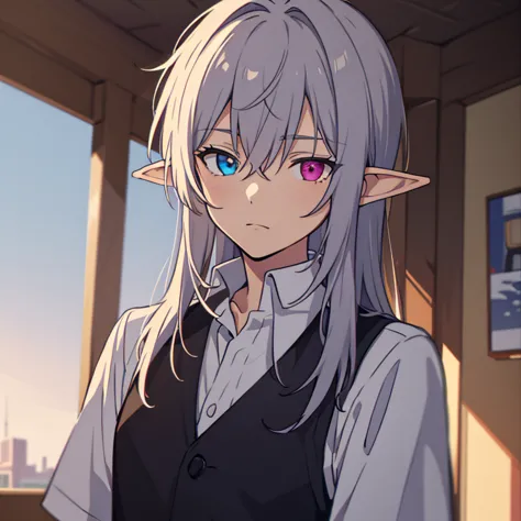 (alone), purple and blue heterochromia, cool male elf, silver straight hair, please wear a long shirt and vest, wearing slacks, ...