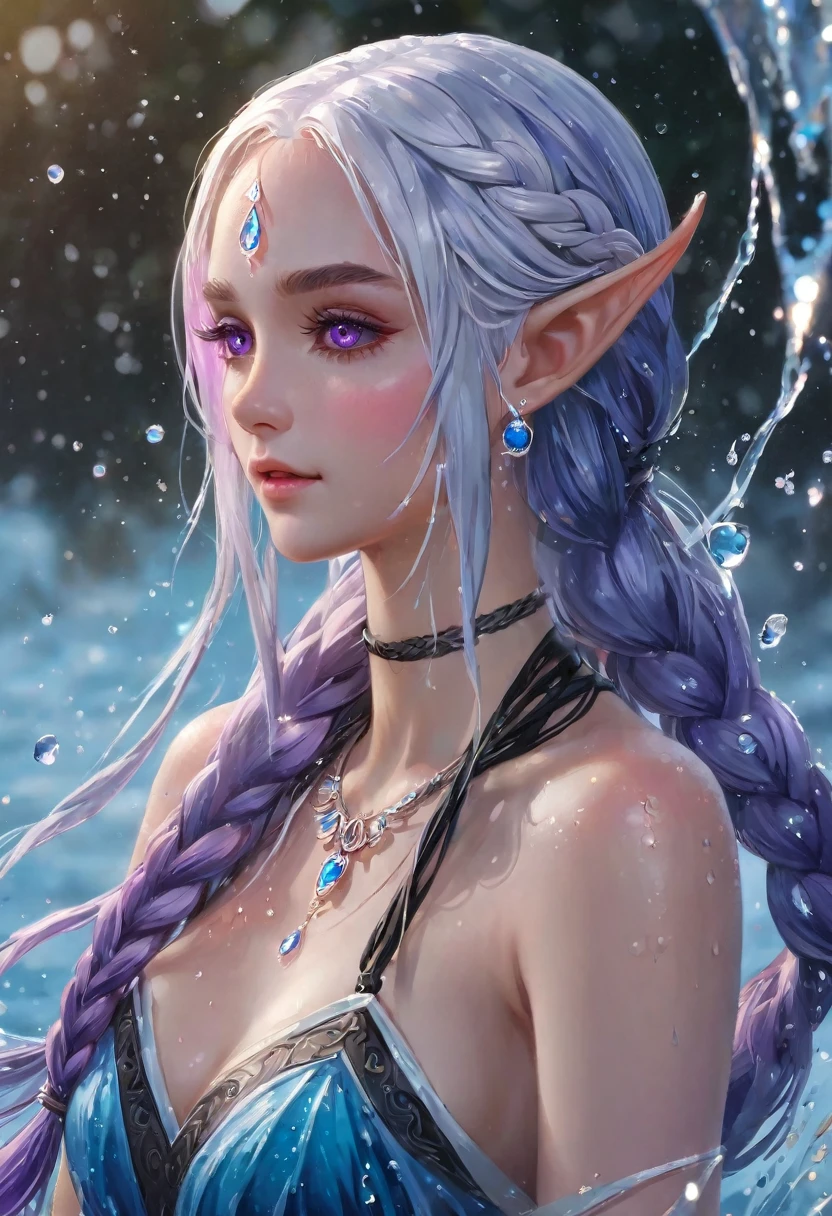 (masterpiece, illustration, best quality:1.5), 1 Elf girl, yinji, purple hair, purple eyes, long hair, white hair, double braids, gradient hair, water blue body painting, global illumination, finely detailed, beautiful face, beautiful detailed shading, (3_water_droplets), tilted halos, body lightly covered with frost, water elements, water drops, water, jowelery and wet atmosphere,beautifully detailed background, cinematic, black ice, pink and blue gems , transparent sky blue scarf , royal blue dress