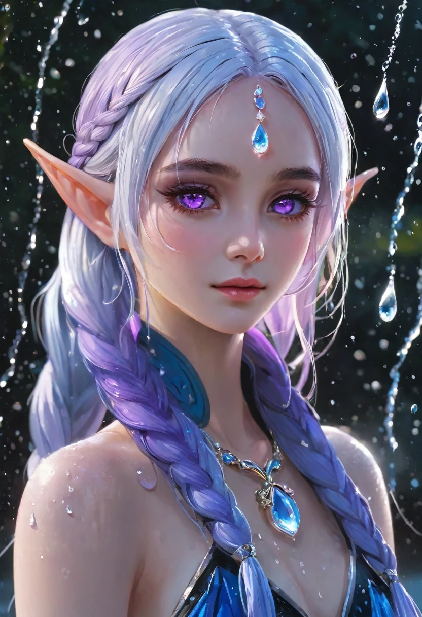 (masterpiece, illustration, best quality:1.5), 1 Elf girl, yinji, purple hair, purple eyes, long hair, white hair, double braids, gradient hair, water blue body painting, global illumination, finely detailed, beautiful face, beautiful detailed shading, (3_water_droplets), tilted halos, body lightly covered with frost, water elements, water drops, water, jowelery and wet atmosphere,beautifully detailed background, cinematic, black ice, pink and blue gems , transparent sky blue scarf , royal blue dress