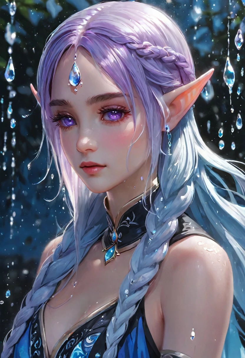 (masterpiece, illustration, best quality:1.5), 1 Elf girl, yinji, purple hair, purple eyes, long hair, white hair, double braids, gradient hair, water blue body painting, global illumination, finely detailed, beautiful face, beautiful detailed shading, (3_water_droplets), tilted halos, body lightly covered with frost, water elements, water drops, water, jowelery and wet atmosphere,beautifully detailed background, cinematic, black ice, pink and blue gems , transparent sky blue scarf , royal blue dress