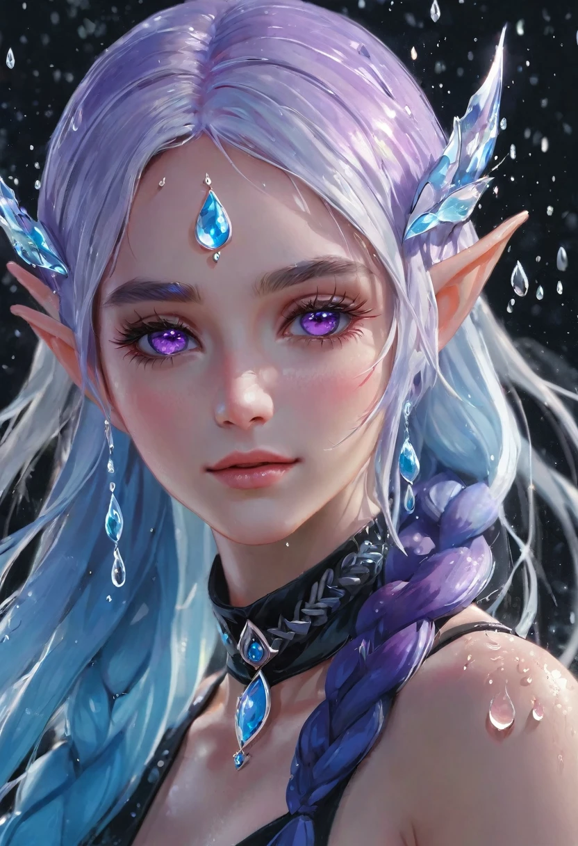 (masterpiece, illustration, best quality:1.5), 1 Elf girl, yinji, pointy ears, purple hair, purple eyes, long hair, white hair, double braids, gradient hair, water blue body painting, global illumination, finely detailed, beautiful face, beautiful detailed shading, (3_water_droplets), tilted halos, body lightly covered with frost, water elements, water drops, water, jowelery and wet atmosphere,beautifully detailed background, cinematic, black ice, pink and blue gems , transparent sky blue scarf , royal blue dress