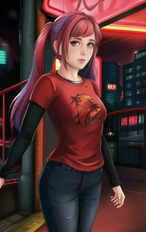 red shirt, long sleeves, standing, twintails, neon lights, night, looking at viewer, blue jeans, solo, Hilda Valentine Goneril, ...