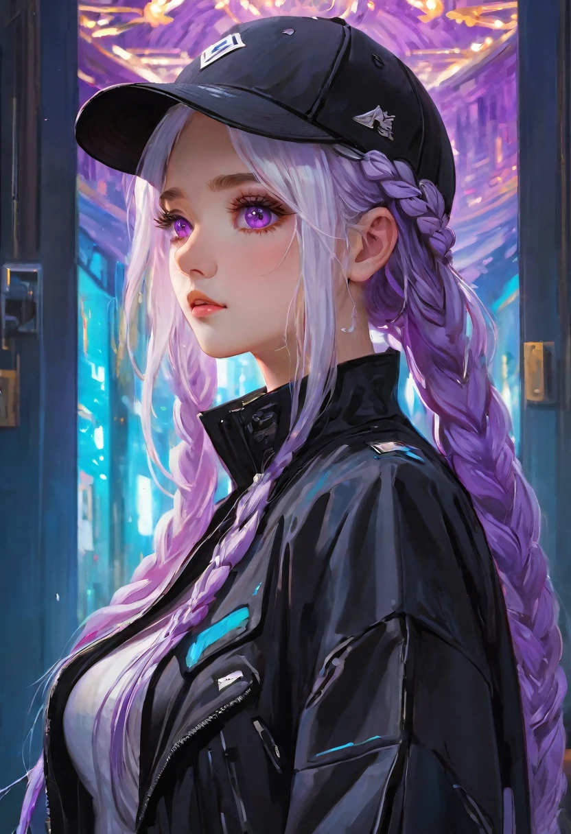 masterpiece, best quality, 4k, Ultra HD, Sansho Castle, , Beautiful eyes and delicate face, illustration, Beautiful and detailed, high resolution illustration, Luminescence_White_particle, 1 Girl, yinji, purple hair, purple eyes, long hair, white hair, double braids, gradient hair, Short side details, Baseball cap,Poker face, curtain, black jacket, Chest hanging, Cyberpunk, Technical clothing,(Impressionism:1.4), Vincent Van Gogh