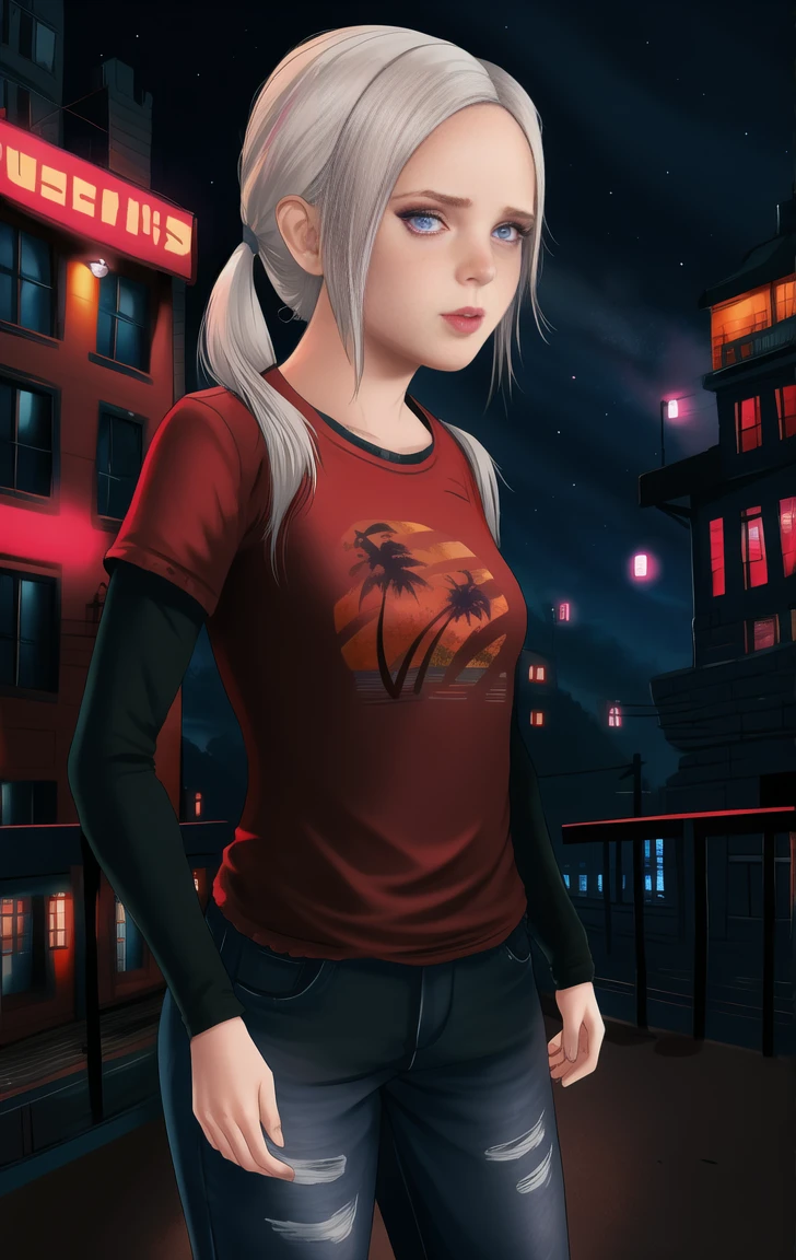 red shirt, long sleeves, standing, twintails, neon lights, night, looking at viewer, blue jeans, solo, edelgardacademy, white hair, purple eyes, elliet1