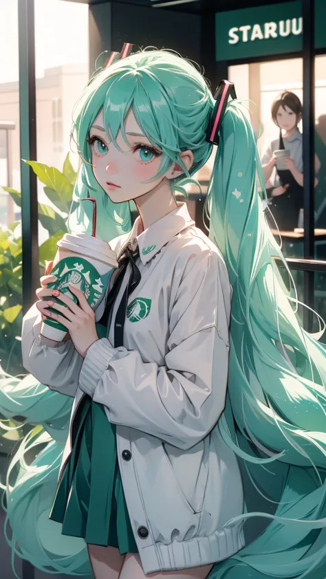 ((Hatsune Miku)) drinking coffee (((Drinking coffee at Starbucks)))Paper cup with logo