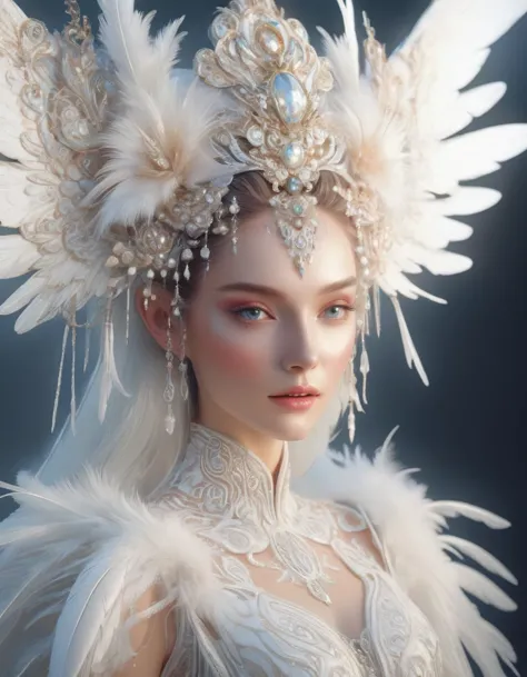a beautiful elf model posing on a runway, wearing a white lace angelic costume with large feathered wings, intricate woven and l...
