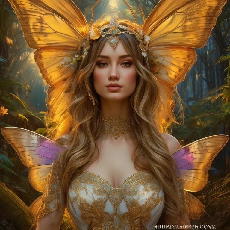 high quality、8k、Photorealistic、masterpiece、Super detailed、Cinematic lighting、dramatic、ether、elegant、Titania, the Graceful Fairy Queen、Very proud、Stunningly beautiful、Butterfly Wings、Ideal ratio、Intricate details、Fantasy、mysterious、Flowing Dress、Ornate headdress、Shining Aura、Calm expression、Bright colors、Chiaroscuro Lighting、Lush foliage background