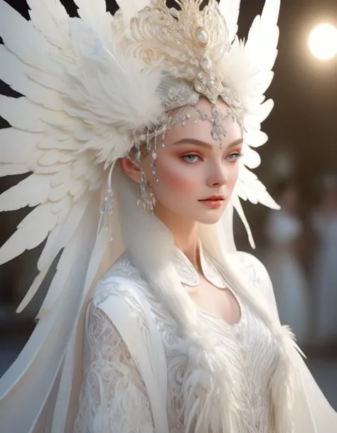 a beautiful elf model posing on a runway, wearing a white lace angelic costume with large feathered wings, intricate woven and l...