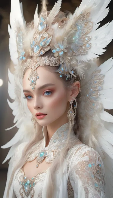 a beautiful elf model posing on a runway, wearing a white lace angelic costume with large feathered wings, intricate woven and l...