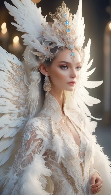 a beautiful elf model posing on a runway, wearing a white lace angelic costume with large feathered wings, intricate woven and l...