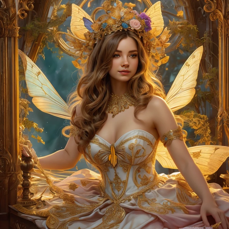 high quality、8k、Photorealistic、masterpiece、Super detailed、Cinematic lighting、dramatic、ether、elegant、Titania, the Graceful Fairy Queen、Very proud、Stunningly beautiful、Butterfly Wings、Ideal ratio、Intricate details、Fantasy、mysterious、Flowing Dress、Ornate headdress、Shining Aura、Calm expression、Bright colors、Chiaroscuro Lighting、Lush foliage background