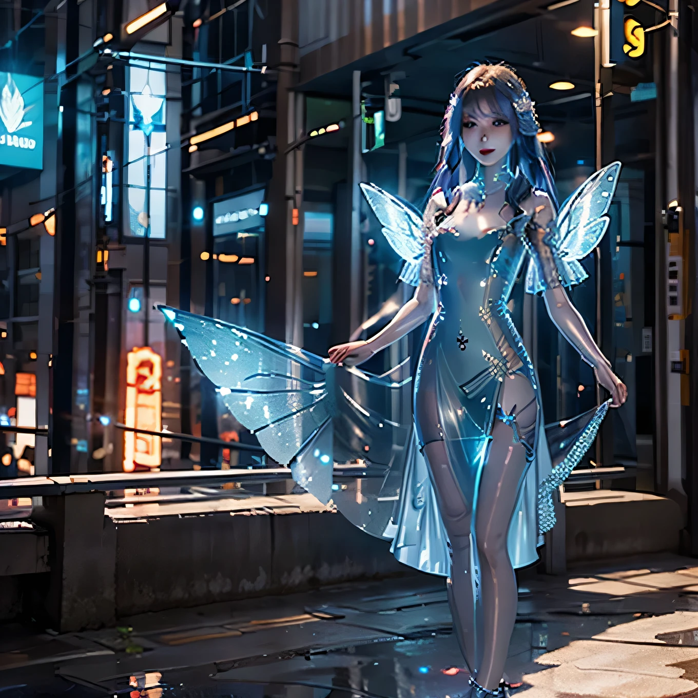 Hermosa hada cibernética, pelo medio, Cuerpo hermoso, alas brillantes, Vistiendo un vestido cibernético futurista en una ciudad del futuro