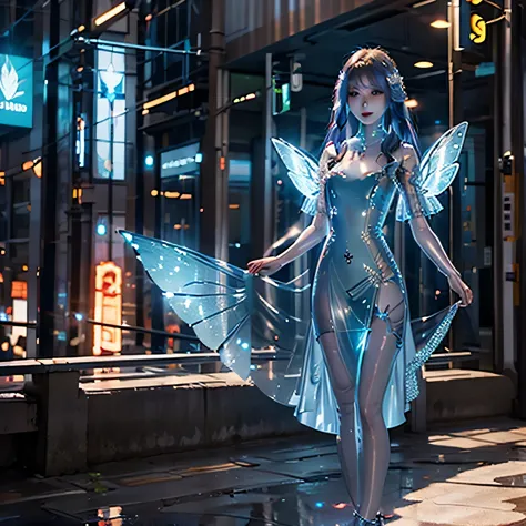 Beautiful Cyber Fairy, Medium Hair, Beautiful body, Shining Wings, Wearing a futuristic cyber dress in a future city