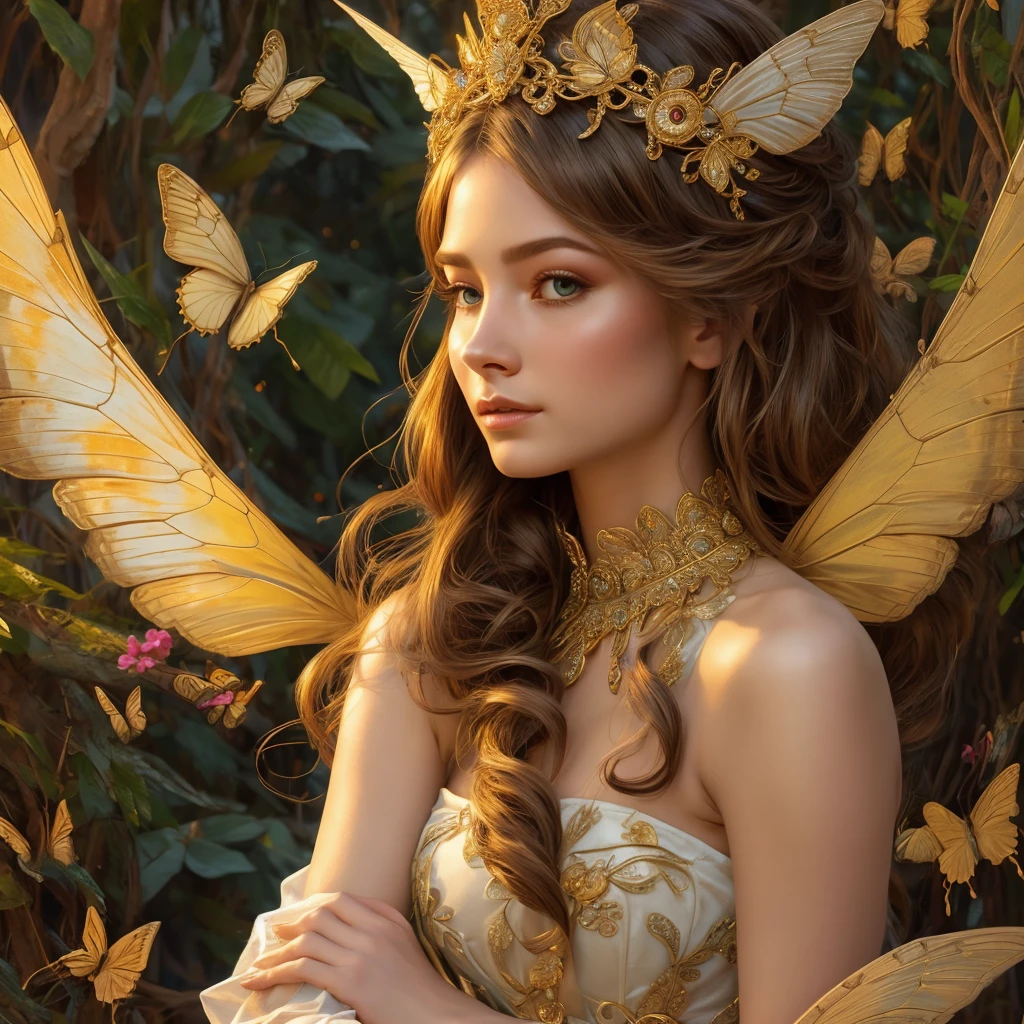 high quality、8k、Photorealistic、masterpiece、Super detailed、Cinematic lighting、dramatic、ether、elegant、Titania, the Graceful Fairy Queen、Very proud、Stunningly beautiful、Butterfly Wings、Ideal ratio、Intricate details、Fantasy、mysterious、Flowing Dress、Ornate headdress、Shining Aura、Calm expression、Bright colors、Chiaroscuro Lighting、Lush foliage background