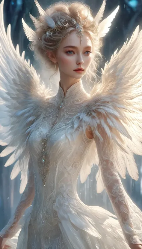 elf，whole body，a beautiful elf model posing on a runway, wearing a white lace angelic costume with large feathered wings, intric...