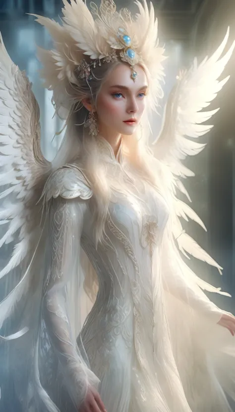 Elf，whole body，a beautiful elf model posing on a runway, wearing a white lace angelic costume with large feathered wings, intric...