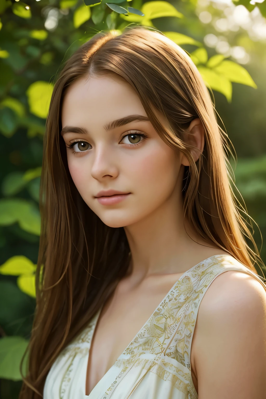 a beautiful girl with long flowing brown hair, captivating brown eyes, porcelain skin, delicate facial features, soft smile, twenty years old, detailed realistic portrait, seamless fabric dress,peaceful expression, outdoor garden setting, lush greenery, sunlight filtering through leaves, warm color palette, cinematic lighting, photorealistic, 8k, ultra-detailed, masterpiece