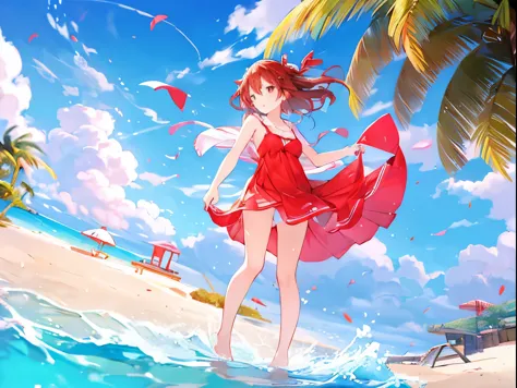 a girl undressing at a beach house、a light red bra and cute red shorts are visible against a pure white one-piece dress、barefoot...