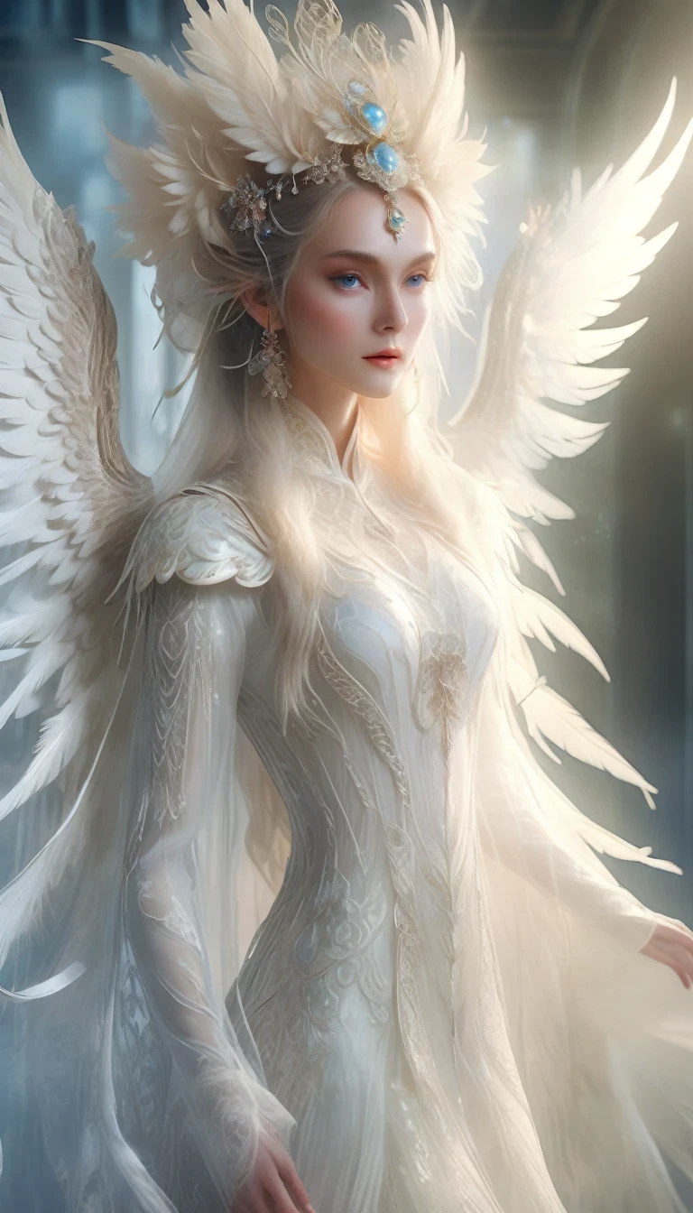 Elf，whole body，a beautiful elf model posing on a runway, wearing a white lace angelic costume with large feathered wings, intricate woven and lace detailing, a divine and ethereal appearance, glowing with heavenly light, hyper-realistic, 8k, highly detailed, photorealistic, dramatic studio lighting, volumetric lighting effects, elegant victorian-inspired fashion, seamless flawless skin, intricate feather textures, translucent wing membranes, flowing graceful pose, serene and angelic expression