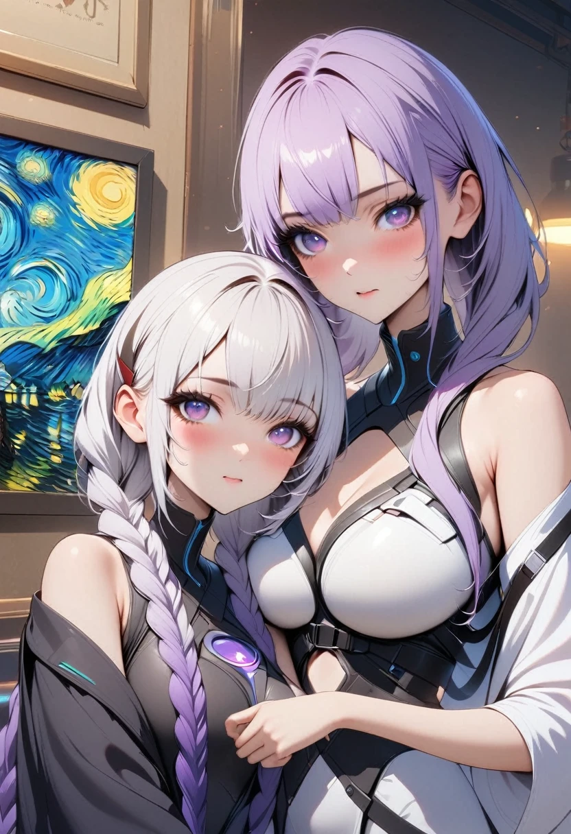masterpiece, best quality, 4k, Ultra HD, Beautiful eyes and delicate face, illustration, Beautiful and detailed, high resolution illustration, Luminescence_White_particle,A pair of partners, bust, Short white hair for boy, yinji, [A girl purple hair, purple eyes, long hair, white hair, double braids, gradient hair], Short side details, Poker face, curtain, Cyberpunk, Technical clothing,(Vincent Van Gogh Impressionism:1.4)