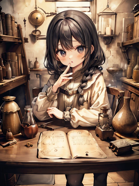 masterpiece, highest quality, Very detailed, 16k, Ultra-high resolution, Cowboy Shot, Detailed face, Perfect Fingers, A , black eye, Black Hair, Braid,  renaissance_alchemist_studio, table, Chair, Chairに座る