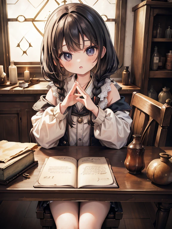 masterpiece, highest quality, Very detailed, 16k, Ultra-high resolution, Cowboy Shot, Detailed face, Perfect Fingers, A 13-year-old girl, black eye, Black Hair, Braid,  renaissance_alchemist_studio, table, Chair, Chairに座る