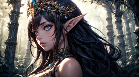 (solo, wide angle), a pretty beautiful ((elf girl)), highly detailed, elegant fantasy portrait, dramatic lighting, intricate cos...