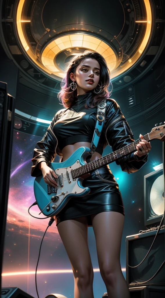 Ansicht von unten. Schönes Rock-Girl. in voller Länge. Verwenden Sie satte Farben, um eine mystische Atmosphäre in Ihrer Arbeit zu schaffen. Verschiedene Lichtquellen nutzen, wie gelbe Strahlen, die durch den Dunst dringen, Um Tiefe und Mysterium hinzuzufügen. Zeichnen Sie ein dynamisches Porträt eines Rockstars im Alter von 27-30 Jahren, konzentriert sich auf ihr Spiel der E-Gitarre. Achten Sie auf Details wie das Berühren der Saiten mit den Fingern und die Mimik, während Sie in die Musik eintauchen. Fügen Sie Ihrem Kunstwerk futuristische Elemente hinzu, wie E-Gitarren-Zubehör und Weltraum-Zubehör. Betonen Sie Retro- und Synthwave-Stile mit Laserstrahlen, geometrische Muster und Symbole der 80er Jahre. Experimentieren Sie mit der Komposition, um ein dynamisches und aufregendes Bild zu erstellen. Sie können Vintage-Möbel verwenden, Palmen oder sogar Raumschiffe im Hintergrund, um eine Stimmung zu schaffen. Konzentrieren Sie sich darauf, Emotionen und Stimmungen durch die Farben zu vermitteln, Beleuchtung, und Gesten Ihrer Charaktere. Lassen Sie Ihr Publikum durch Ihre Werke die Energie und Atmosphäre der Pop-Rock-Musik erleben. Nahaufnahme.