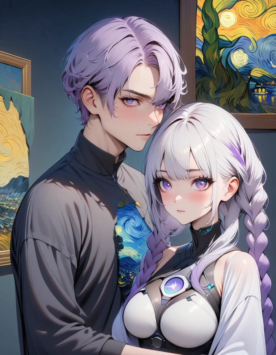 masterpiece, best quality, 4k, Ultra HD, Beautiful eyes and delicate face, illustration, Beautiful and detailed, high resolution illustration, Luminescence_White_particle,A pair of partners, bust, Short white hair for boy, yinji, [A girl purple hair, purple eyes, long hair, white hair, double braids, gradient hair], Short side details, Poker face, curtain, Cyberpunk, Technical clothing,(Vincent Van Gogh Impressionism:1.4)