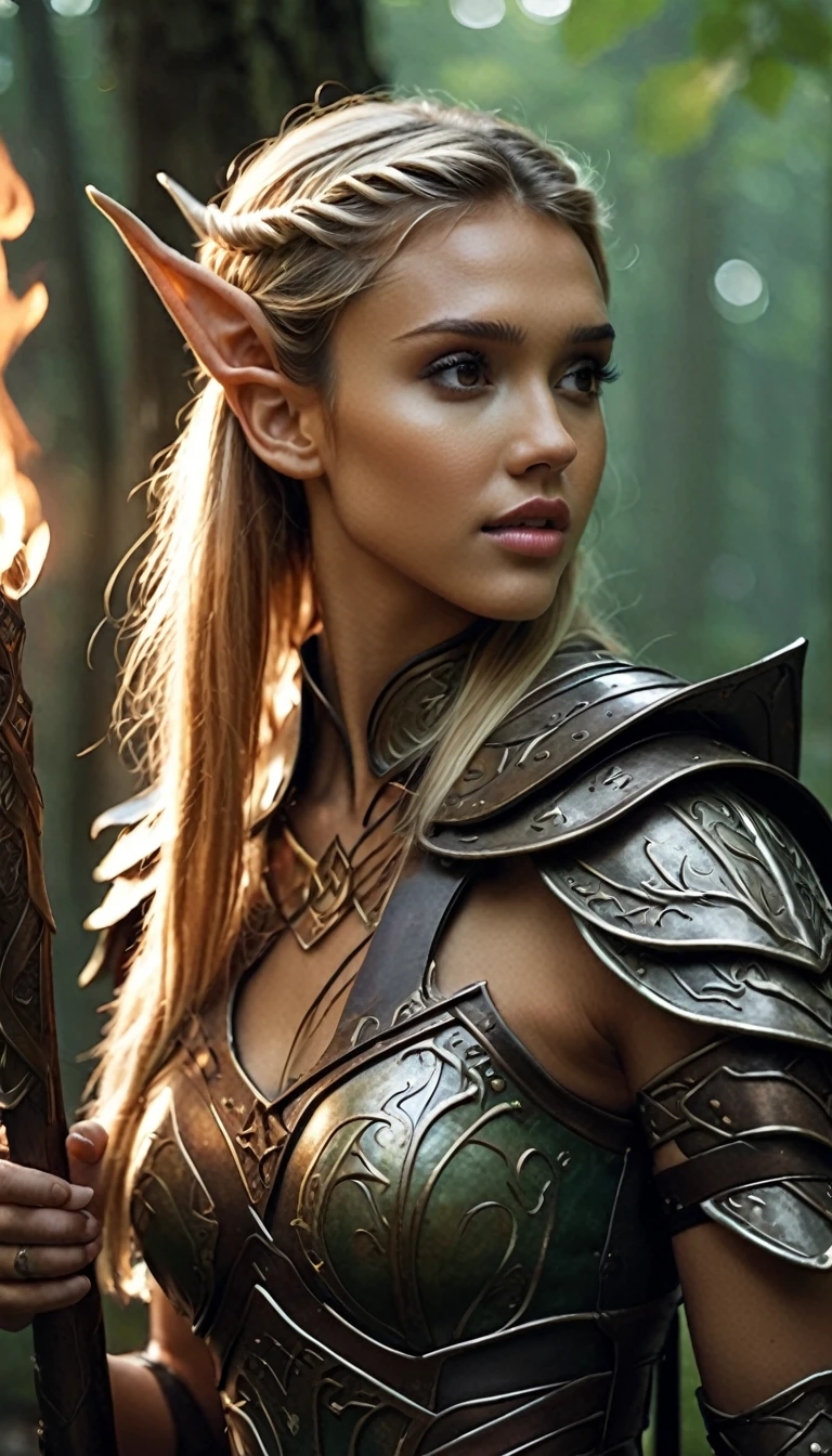 full body shot, cinematic Glamour photo cinematic photo (masterpiece, 4k, elf woman with Jessica Alba's face, perfect face, small elf's ears, best quality, photo of very beautiful young slim sexy dirty  elf warrior, blonde hair, light lether armor, tunic, ancient forgotten symbols on armor, muscular body, standing in forest city,  (night time:1.3), (Fire side fairytale lighting:1.2). 35mm photograph, film,  professional, 4k, highly detailed, (coy smile), (elven features), jessica_alba