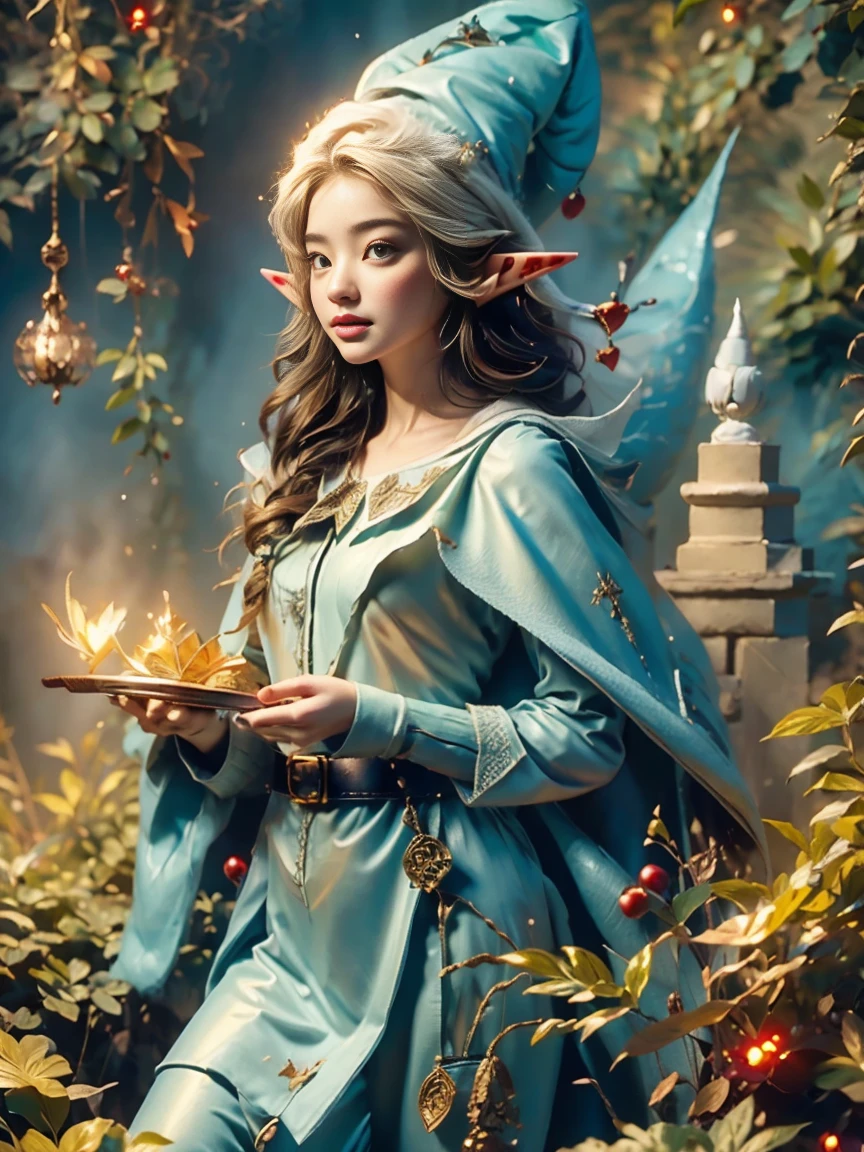 1girl, (Elf Magician:1.5)，Magic energy gathers in the palm of your hand, Autumn braids and cape flying in the wind, The delicate leaf-shaped armor shimmers in the mysterious forest mist behind her, A wolf stood firmly beside her, Prepare for an adventure, Dynamic fantasy scenery, Radiant lighting