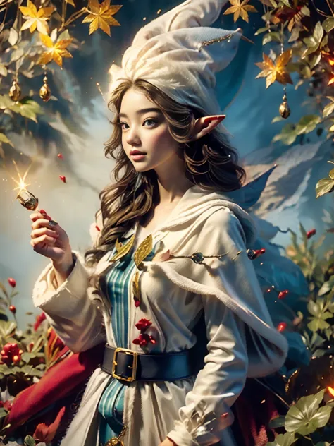 1girl, (Elf Magician:1.5)，Magic energy gathers in the palm of your hand, Autumn braids and cape flying in the wind, The delicate...