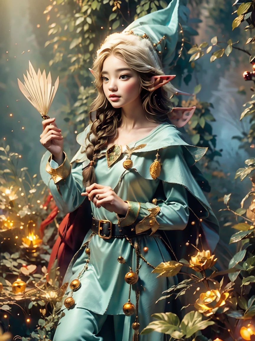 1girl, (Elf Magician:1.5)，Magic energy gathers in the palm of your hand, Autumn braids and cape flying in the wind, The delicate leaf-shaped armor shimmers in the mysterious forest mist behind her, A wolf stood firmly beside her, Prepare for an adventure, Dynamic fantasy scenery, Radiant lighting