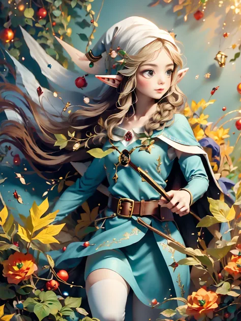 1girl, (Elf Magician:1.5)，Magic energy gathers in the palm of your hand, Autumn braids and cape flying in the wind, The delicate...