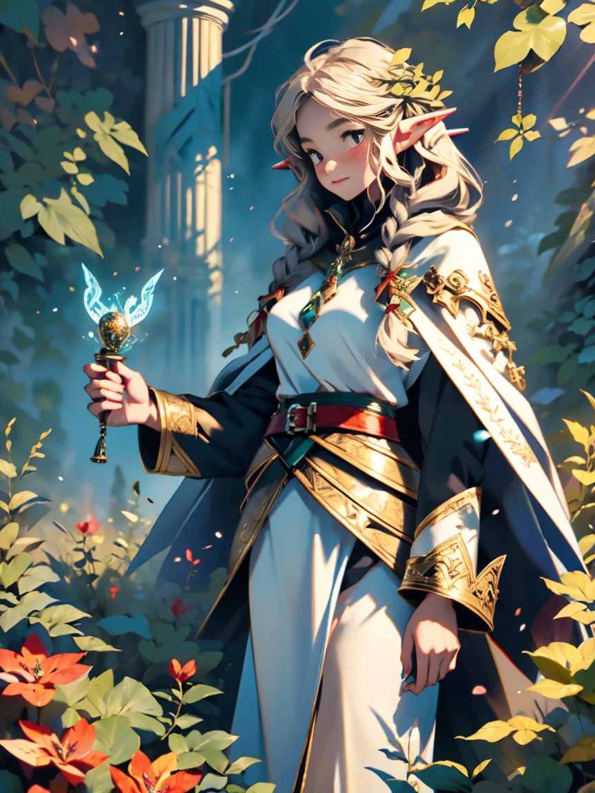 1girl, (Elf Magician:1.5)，Magic energy gathers in the palm of your hand, Autumn braids and cape flying in the wind, The delicate leaf-shaped armor shimmers in the mysterious forest mist behind her, A wolf stood firmly beside her, Prepare for an adventure, Dynamic fantasy scenery, Radiant lighting