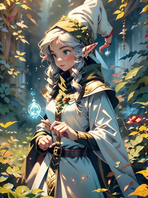 1girl, (Elf Magician:1.5)，Magic energy gathers in the palm of your hand, Autumn braids and cape flying in the wind, The delicate...