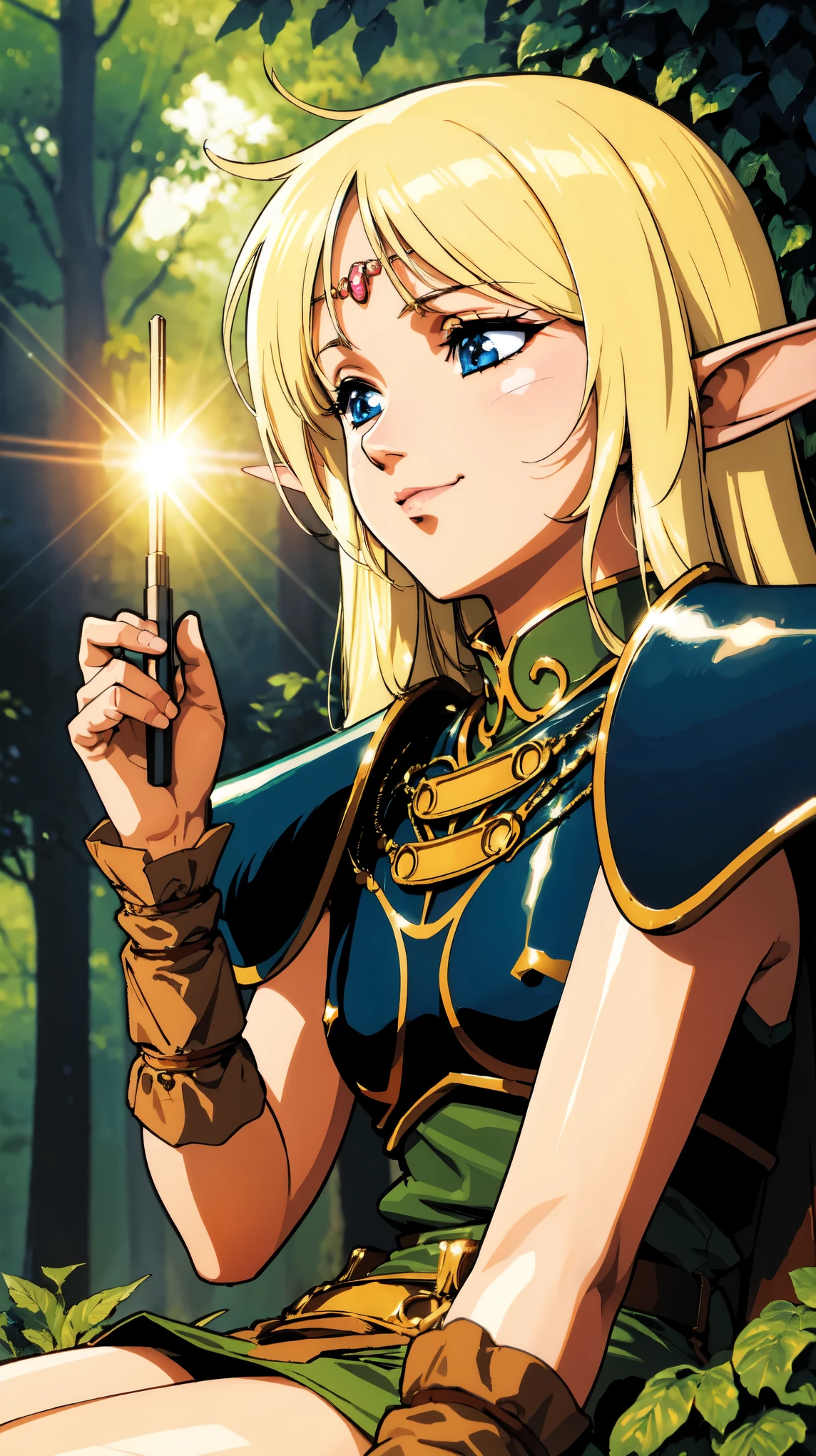 (highest quality:1.2, 4K, 8k, Studio Anime, Very detailed, Latest, Vibrant, High detail, High Contrast, masterpiece:1.2, highest quality, Best aesthetics), (((1 girl))),beautiful details face, Beautiful detailedEyes ,alone, Pointed Ears, Blonde Hair, Fairy, Long Hair, blue eyes, skinny, A kind smile,Looking down, Traditional Media,profile, No sleeve, Circlet, (Cowboy Shot:1.3), Film Grain, forest, Blurred Background, (Bokeh:1.2), Lens flare, (Vibrant_color:1.2),Fantasy Illustration, (Well-proportioned face:1.1),