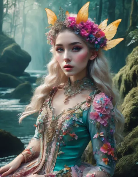 Elf，whole body，artistic photography, style of Bella Kotak, a closeup shot of a fairy, whimsical landscapes and settings, intrica...