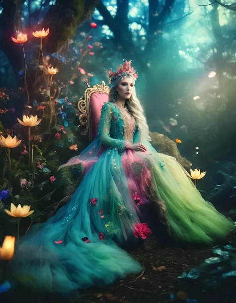 fairy queen，enchanted forest，artistic photography, style of bella kotak, a closeup shot of a fairy, whimsical landscapes and set...