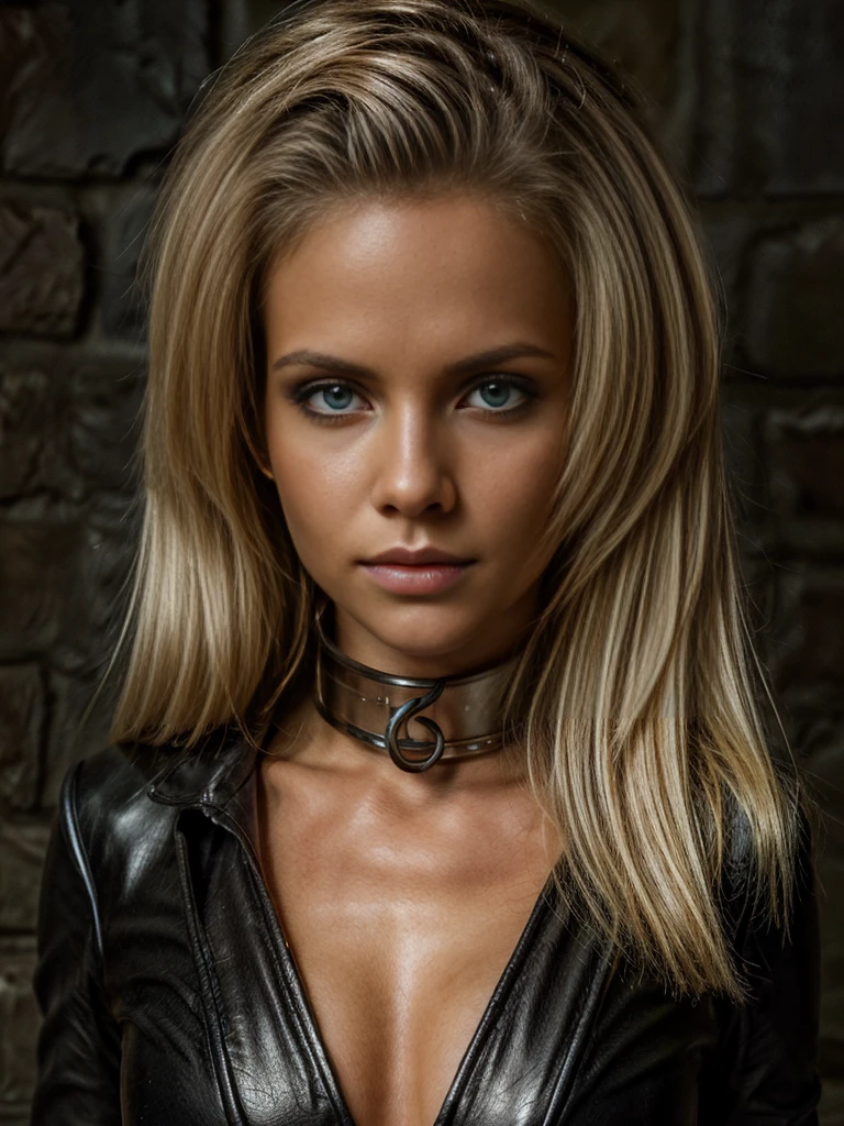 In a dungeon, a supermodel, age 23, stunning blonde woman, she wears massive metal collar, aerial view, highly detailed, glamorous, blonde hair, green eyes, photorealism, dressed in a black shimmering leather suit, volumetric lighting, masterwork, top quality, 8K, high resolution, UHD, (ultra detailed, 8k, Highly Detialied, ultra realistic, photography, realistic photography, High Skin Detail, master part, skin texture, realistic skin texture, Sharpe, hyper-realistic, Detailed Eyes