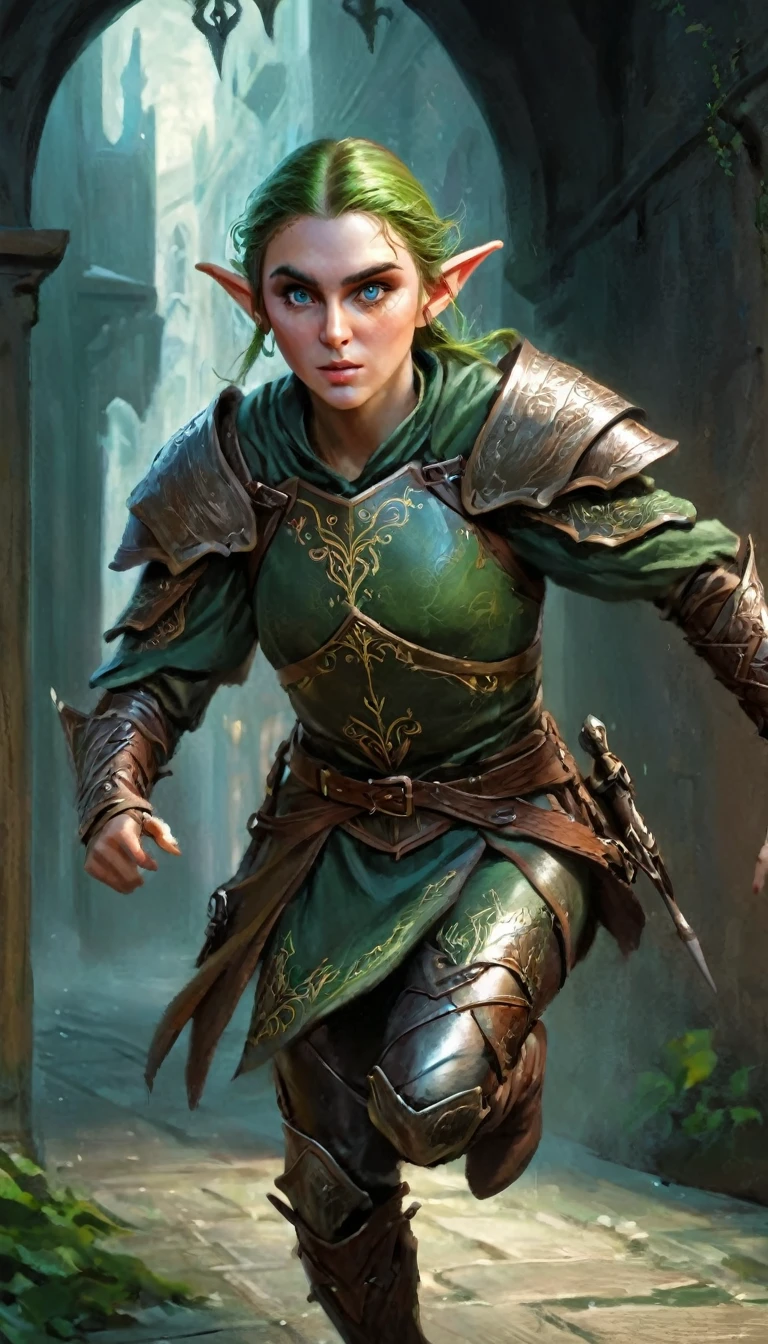 a quick and cunning elf thief, dynamic pose, escaping from guards, detailed portrait, beautiful detailed eyes, beautiful detailed face, intricate armor, leather outfit, running through a fantasy environment, dynamic lighting, dramatic cinematic camera angle, cinematic lighting, fantasy art, digital painting, concept art