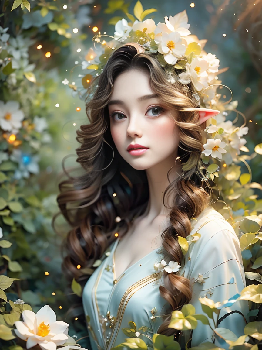 неземная эльфийская принцесса,чрезвычайно детализированные глаза и лицо,длинные ресницы,красивые детализированные губы, распущенные белые волосы, в потрясающем струящемся платье из нежных листьев и лоз.,стою в светящемся заколдованном лесу, светящаяся магическая аура, сложные цветочные узоры, окружен вековыми деревьями,мягкое мечтательное освещение,мистическая атмосфера, лучи солнечного света, проникающие сквозь плотный полог,яркие цвета,крошечные светящиеся светлячки, экологически чистая одежда,тонкая элегантная оправа