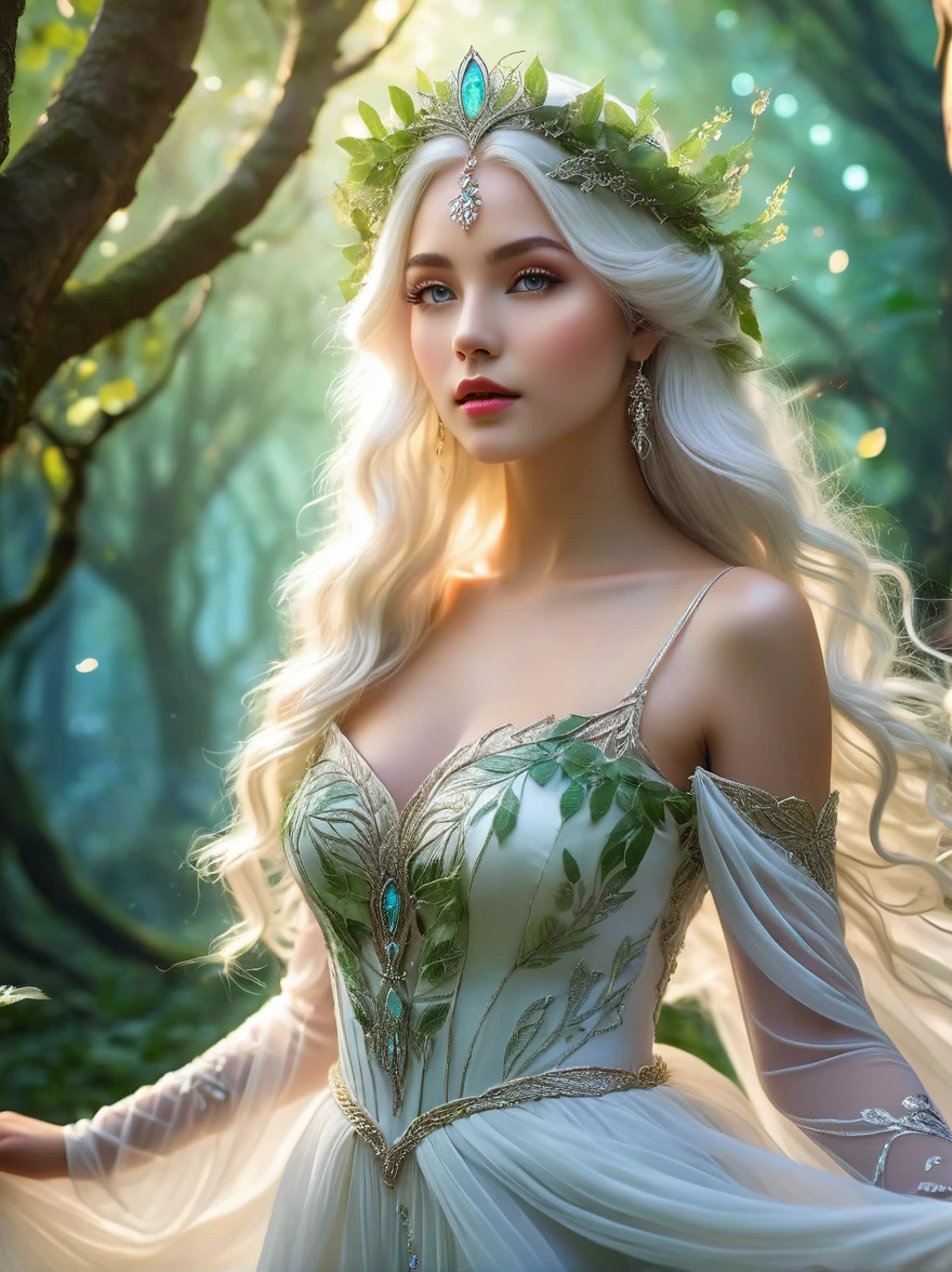 princesa elfa etérea,ojos y rostro extremadamente detallados,Pestañas largas,hermosos labios detallados, pelo blanco que fluye, luciendo un impresionante vestido fluido hecho de delicadas hojas y enredaderas,de pie en un luminoso bosque encantado, aura mágica brillante, patrones florales intrincados, rodeado de árboles centenarios,Iluminación suave de ensueño,atmósfera mística, rayos de sol filtrándose a través del denso dosel,colores vívidos,pequeñas luciérnagas brillantes, vestimenta ecologica,marco delgado y elegante