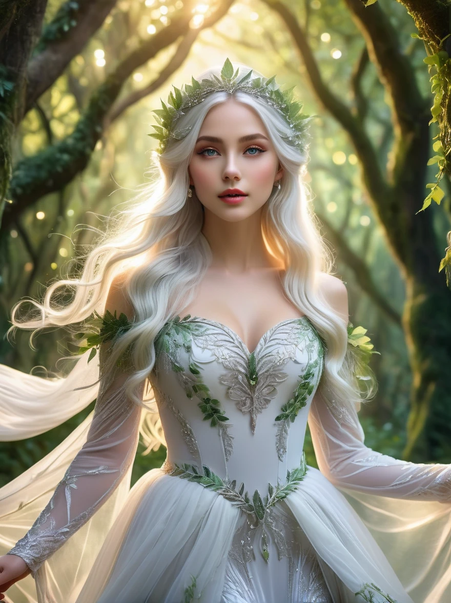 霊妙なエルフの王女,非常に詳細な目と顔,長いまつ毛,美しい唇のディテール, 流れるような白い髪, 繊細な葉と蔓で作られた美しい流れるようなドレスを着て,光り輝く魔法の森に立つ, 輝く魔法のオーラ, 複雑な花柄, 古代の木々に囲まれた,柔らかく夢のような照明,神秘的な雰囲気, 密集した樹冠を通して差し込む日光の光,鮮やかな色彩,小さな光るホタル, 環境に優しい服装,細身でエレガントなフレーム